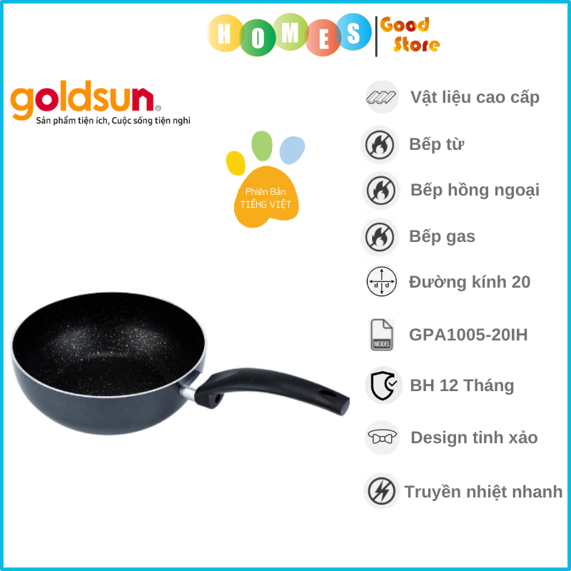 Chảo Chống Dính Đáy Từ Lòng Sâu GOLDSUN GPA1005-20IH, Đường Kính Đáy 20 Cm, Công Nghệ Chống Dính Mỹ, Không Kén Bếp - Hàng Chính Hãng