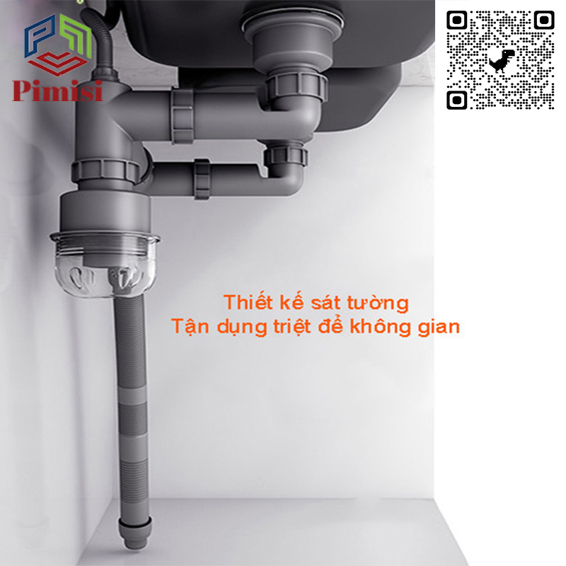 Bộ Xi Phông Xả Thải Bồn Rửa Chén Bát 2 Hố Phi 110-140 Pimisi Cao Cấp - Loại Ống Thải Nhựa Cứng Không Đọng Nước - Cốc Inox 304, Lọc Rác, Bầu Chống Mùi Hôi Và Giảm Dầu Mỡ Ống Dẫn - Có Thoát Tràn | Hàng Chính Hãng