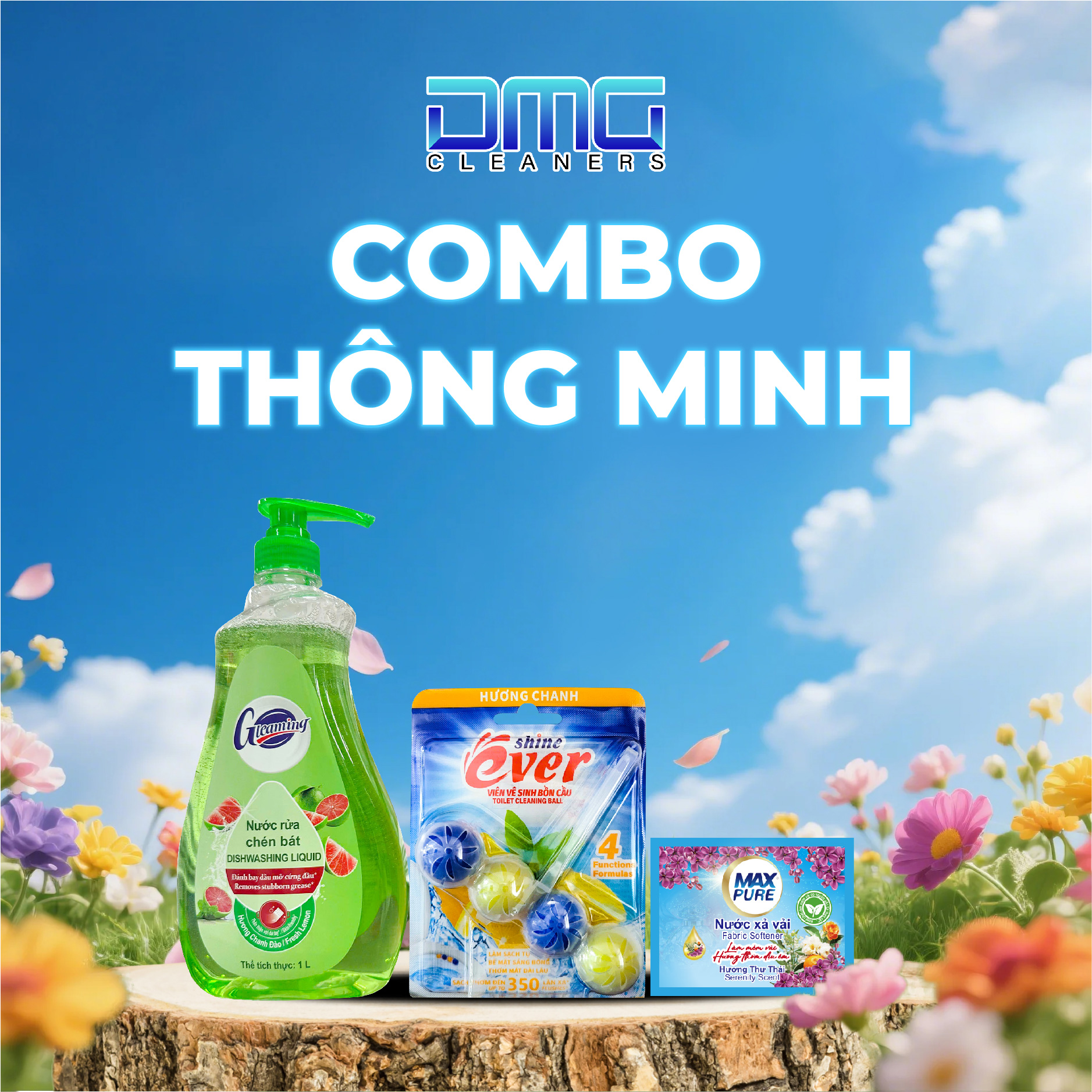 Combo Thông Minh: 1 Chai Nước Rửa Chén 1L Hương Chanh Dây + 1 Vỉ Treo Bồn Cầu Hương Lavender + 1 Dây Xả Hương Coco