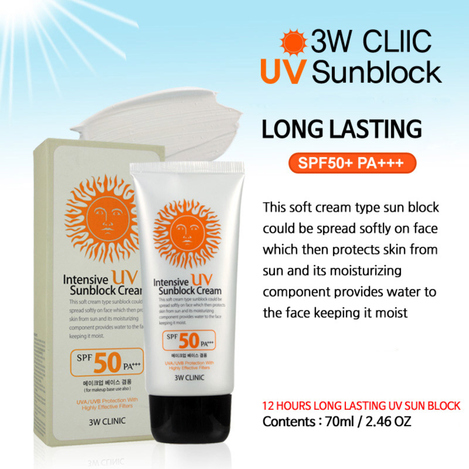 Kem Chống Nắng 3W Clinic Sunblock Cream SPF 50+ PA+++ Giúp Bảo Vệ Da Tối Ưu UV 70 ml