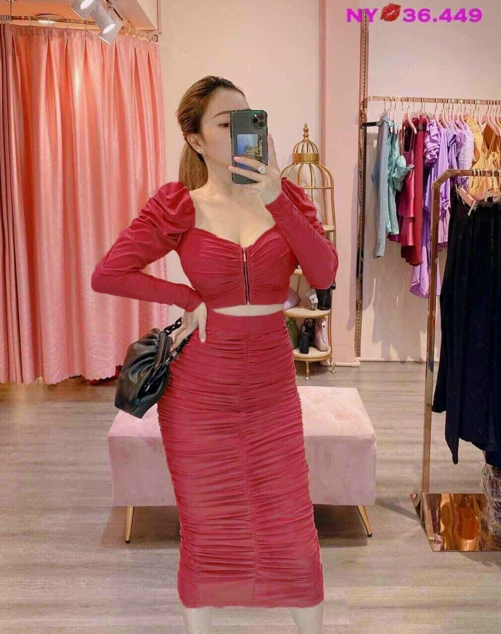 SÉT ÁO TAY PHỒNG KHOÁ KÉO & CHÂN VÁY NHÚN CỰC XỊN XÒ   3 MÀU Y HÌNH