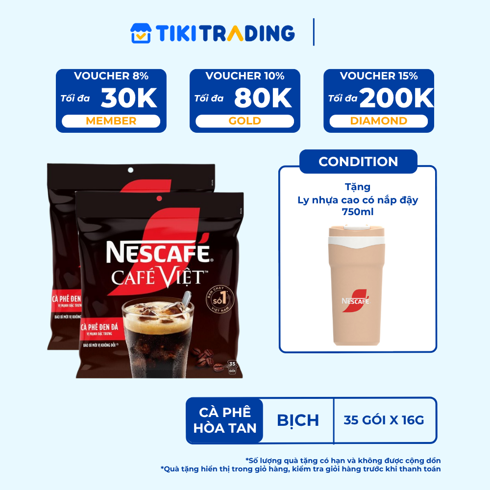 [ Tặng 1 Ly nhựa cao cấp 750ml] Combo 2 Bịch Cà phê đen hòa tan NESCAFE Café Việt (Túi 35 gói x 16g)