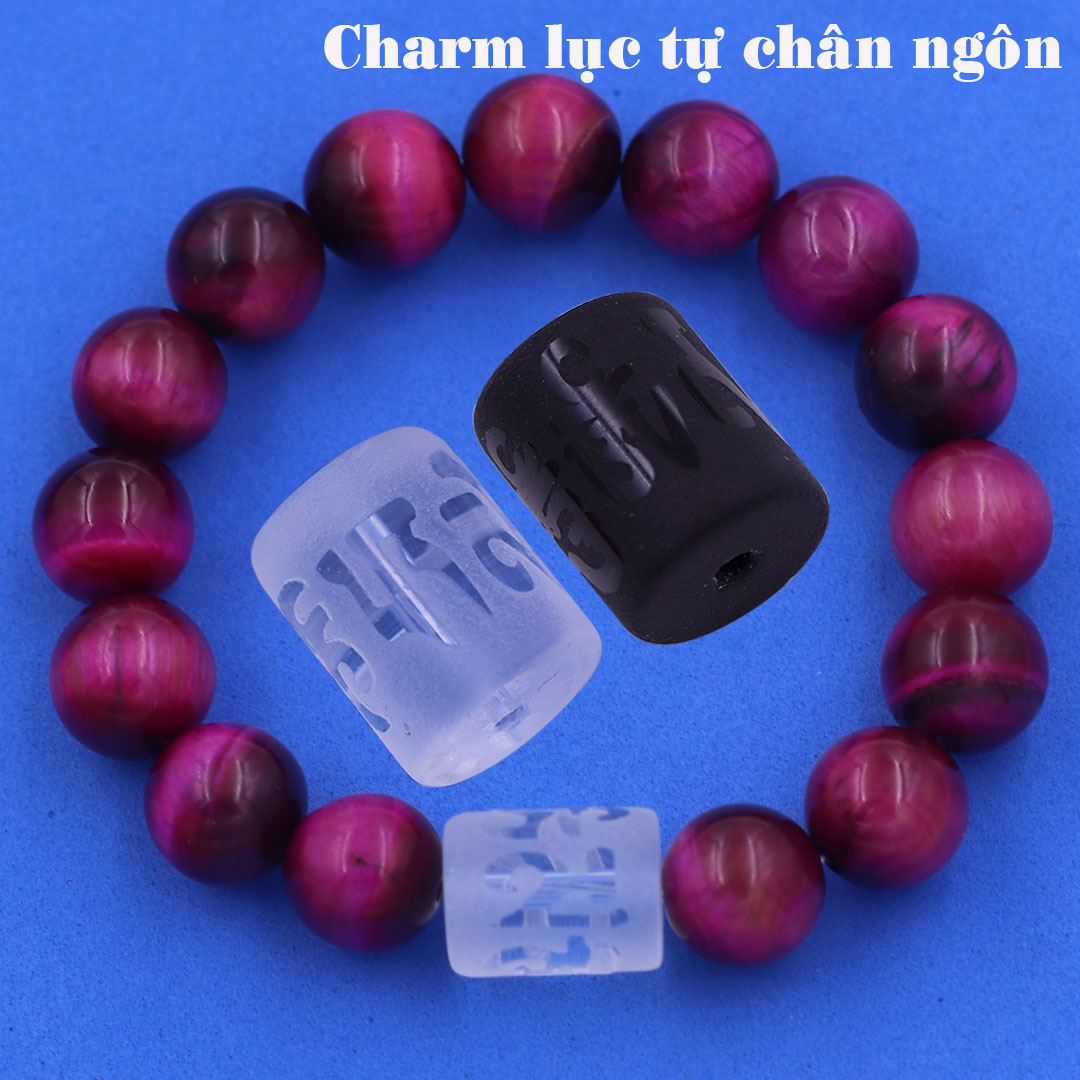 Vòng chuỗi đeo tay đá mắt hổ (hồng) charm lục tự Đại minh chân ngôn, 10 ly, Om Mani Padme Hūm, Chân ngôn Lục tự