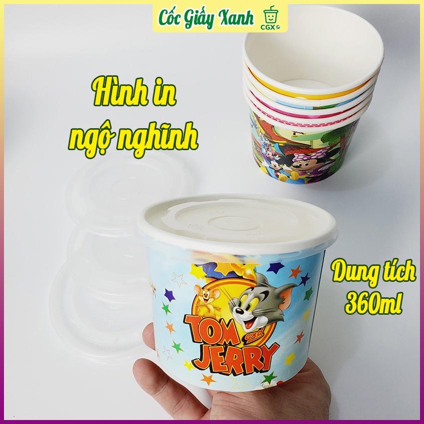 50 Tô Bát Giấy 360ml Có Nắp, In Họa Tiết Siêu Đẹp Dùng 1 Lần Đựng Kem, Cháo Dinh Dưỡng