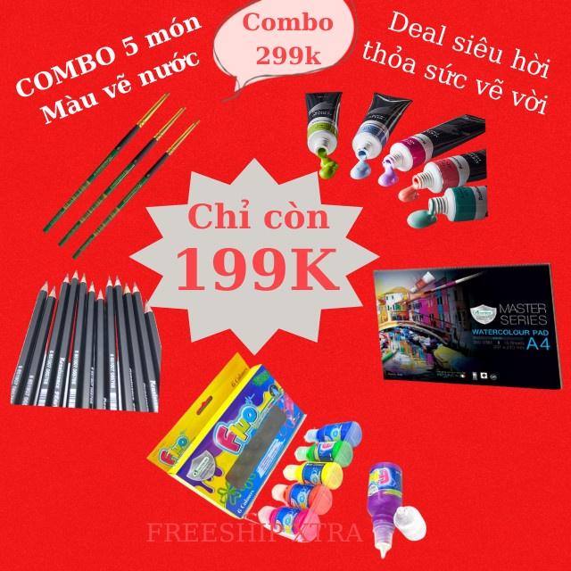 Bộ Combo set vẽ màu nước dạ quang, tập giấy vẽ, chì vẽ, tuýp màu, cọ vẽ cao cấp