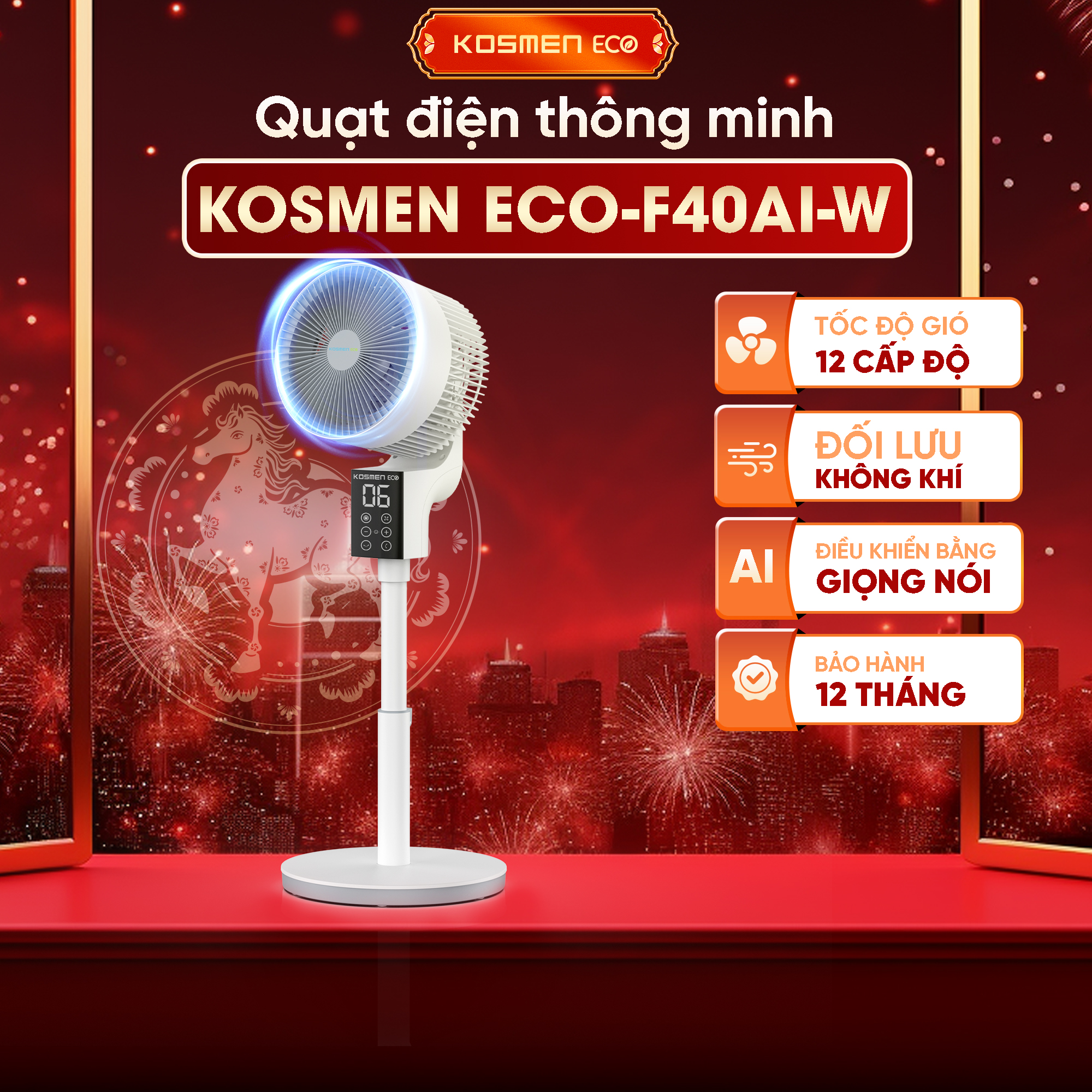 Quạt thông minh Kosmen ECO-F40AI-W AI điều khiển bằng giọng nói – Màu Trắng - Hàng Chính Hãng, Bảo Hành 1 Năm