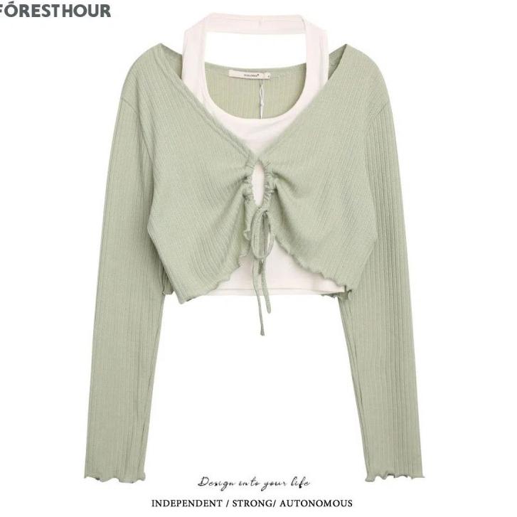 Set áo croptop dài tay kèm áo yếm crt phong cách ulzzang