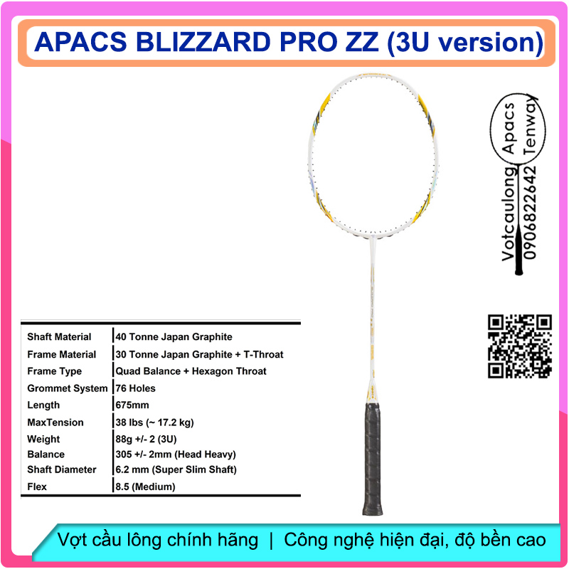 Vợt cầu lông Apacs Blizzard Pro ZZ - 3U | Vợt 3U thân đũa thế hệ mới, đũa chỉ 6.2mm, nặng đầu chuyên công, khung đan 17kg