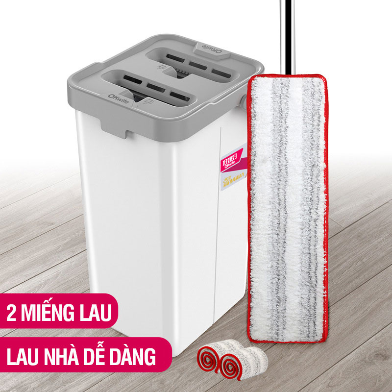 Bộ lau nhà cao cấp OKwife PRO N01 có thùng lau nhà 2 ngăn tự vắt, cây lau nhà xoay 360 độ lau sạch khô nhanh, 2 bông lau