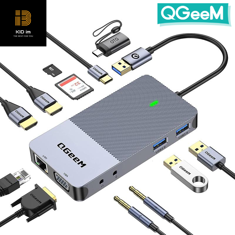 Hub mở rộng USB 3.0 QGeeM đa năng 11 trong 1 cho Macbook Pro, xuất hình ảnh ra ba mà-n hình từ USB Type C sang HDMI*2, VGA*1-Hàng chính hãng