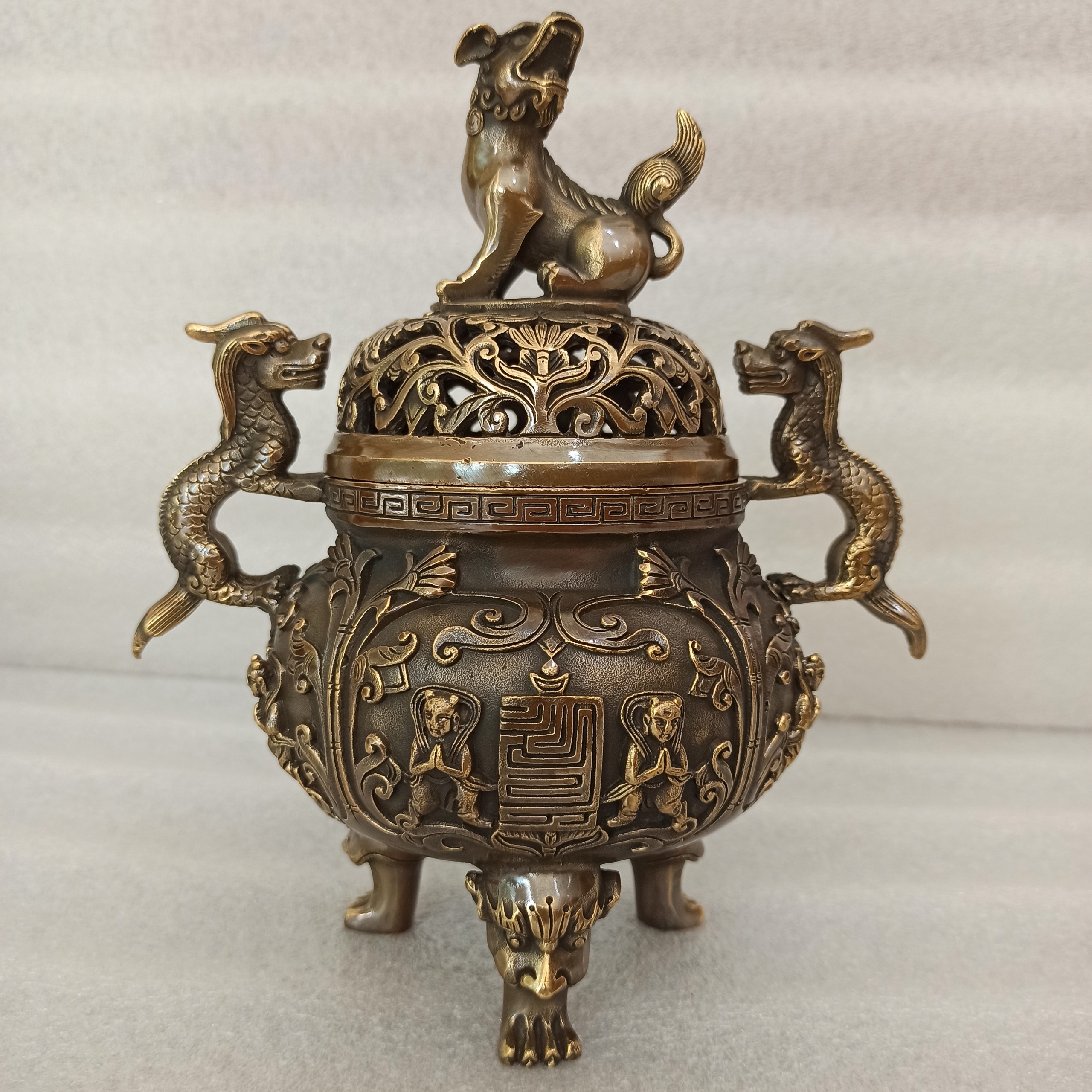 Đỉnh lư đồng xông trầm cao 23cm hàng VIP, đỉnh lư đồng đốt trầm hương cỡ đại hoa văn đồng tử cầu phúc