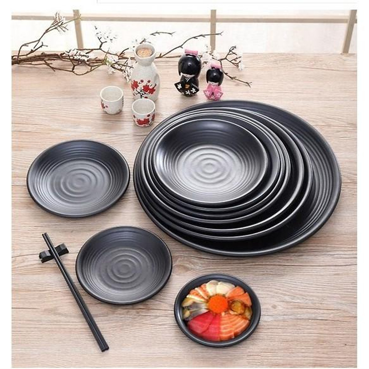 Đĩa tròn đen nhám đẳng cấp 100% melamine cao cấp, hàng cam kết đẹp, dày dặn và cực sang trọng