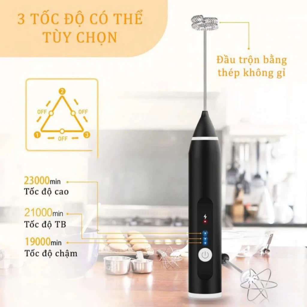 Máy Đánh Trứng, Đánh Sữa Và Tạo Bọt Cafe Cầm Tay Di Động 3 Tốc Độ Sử Dụng Pin Sạc Cao Cấp - Hàng Nhập Khẩu
