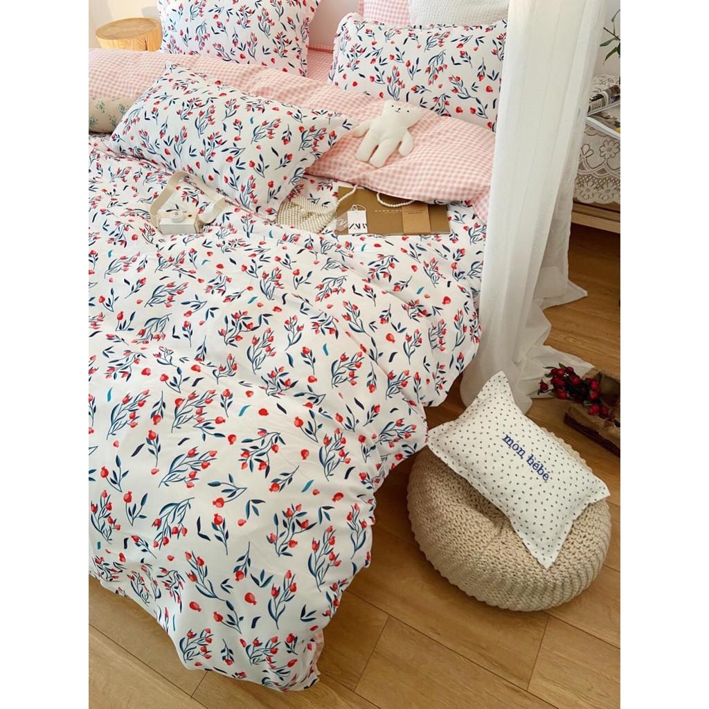 Bộ chăn ga gối Cotton Poly M2T bedding chăn ga Hàn Quốc Họa tiết quả lựu tí hon đủ size miễn phí bo chun