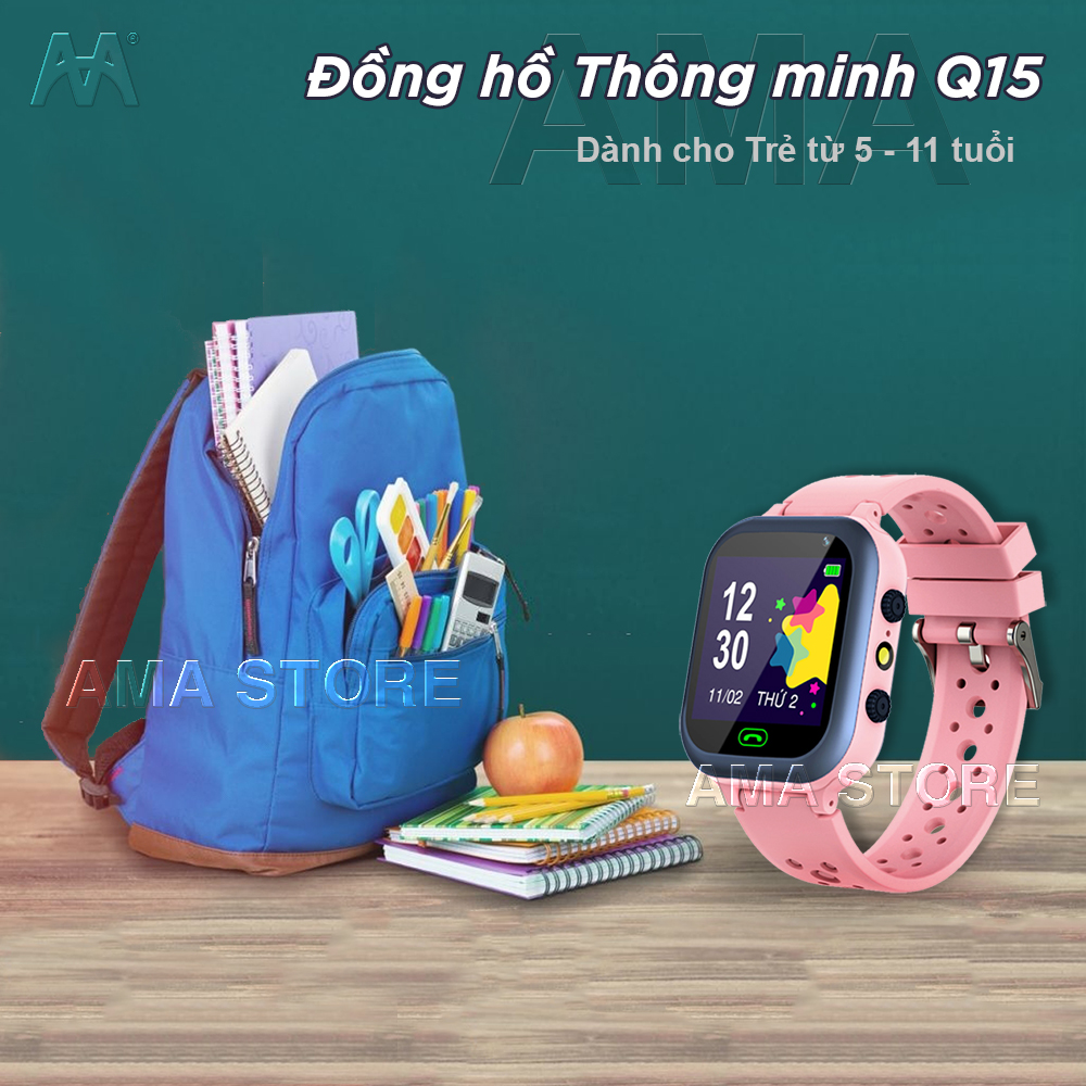 Đồng hồ Thông minh Trẻ em AMA Watch Q15 lắp SIM nghe gọi 2 chiều 3 màu Xanh Hồng Đen Hàng chinh hãng