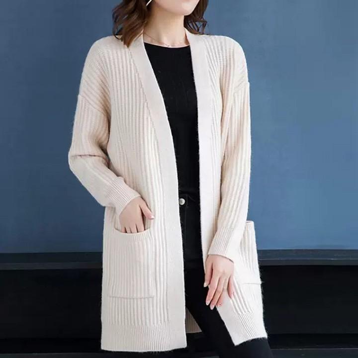 Áo khoác len cardigan dáng dài có túi xinh xắn phong cách Hàn Quốc