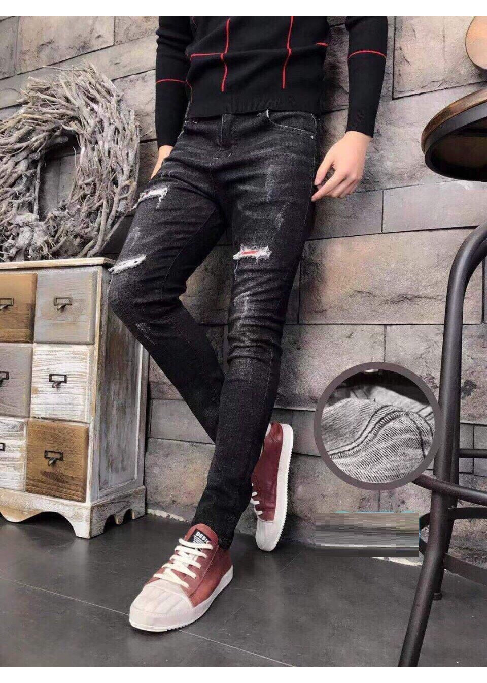 Quần Jean Nam Rách Phối Màu Phá Cách