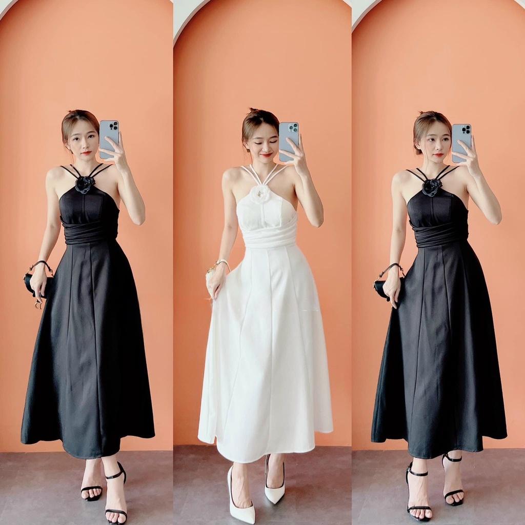 Váy đầm nữ dự tiệc dáng xòe cổ yếm đan dây kết bông xếp ly eo xinh xắn