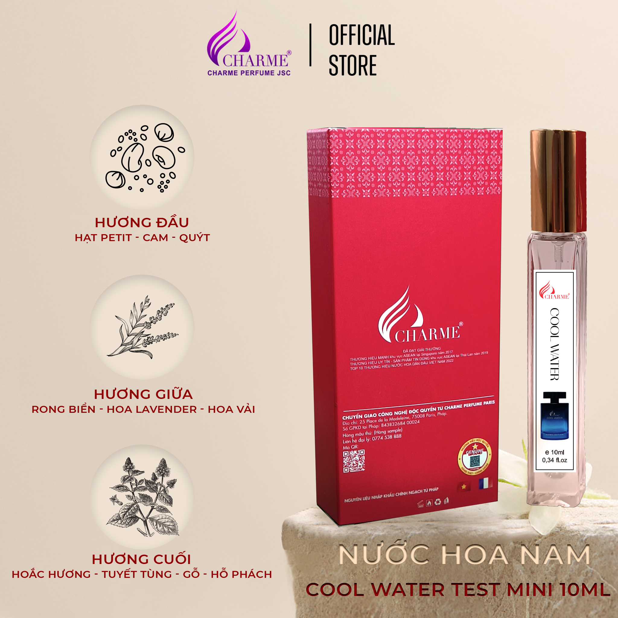 Nước hoa nam chính hãng, Charme Cool Water, chai Test mini, lưu hương lâu, hương thơm mạnh mẽ thanh lịch, 10ml