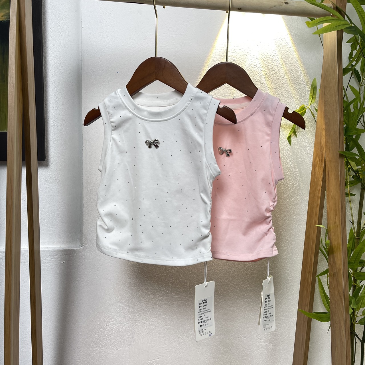 Áo sát nách bé gái sành điệu 1-8 tuổi đính đá và nơ vải cotton co giãn thấm hút mồ hôi kiểu dáng thời trang