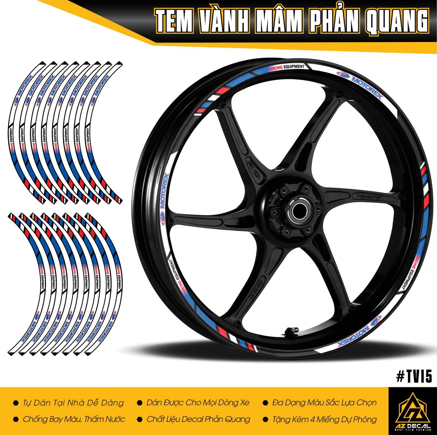 Tem Dán Vành Xe Motorex Phản Quang | TV15 | Decal Vành 2 Bánh Dành Cho Mọi Dòng Xe - Chống Nước Tuyệt Đối - Phản Quang