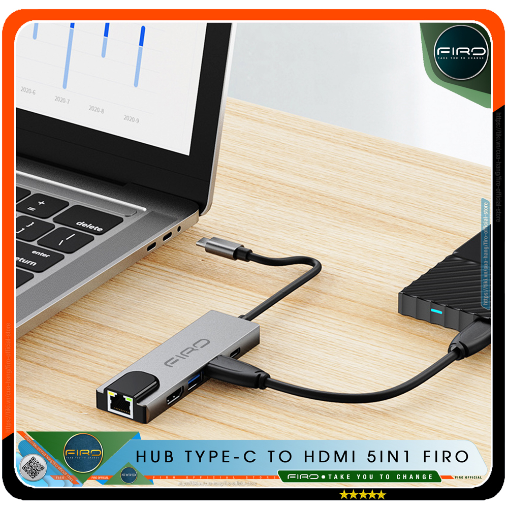 Hub Type C FIRO 5in1 - Hub Chuyển Đổi Type C To HDMI Chuẩn HDTV - 1 Cổng Mạng Lan, 1 Cổng HDMI/HDTV 4K, 2 Cổng USB 3.0, 1 Cổng Sạc Nhanh Type C PD - Kết Nối Nhiều Thiết Bị Với Tốc Độ Cao - Dùng Cho Tivi/Laptop/Playstation/PC/Smartphone – Hàng Chính Hãng