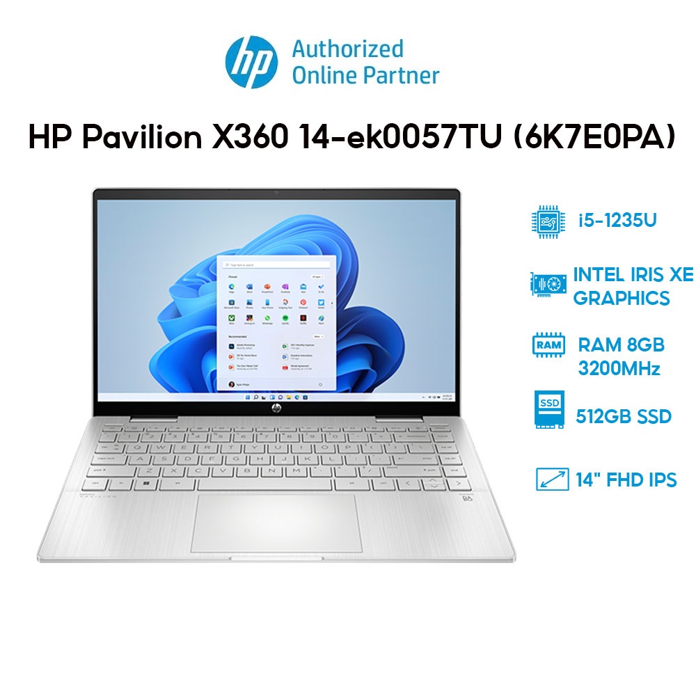 Laptop HP Pavilion X360 14-ek0057TU (6K7E0PA) (i5-1235U | 8GB | 512GB | Intel Iris Xe Graphics | 14' FHD Touch | Win 11) Hàng chính hãng