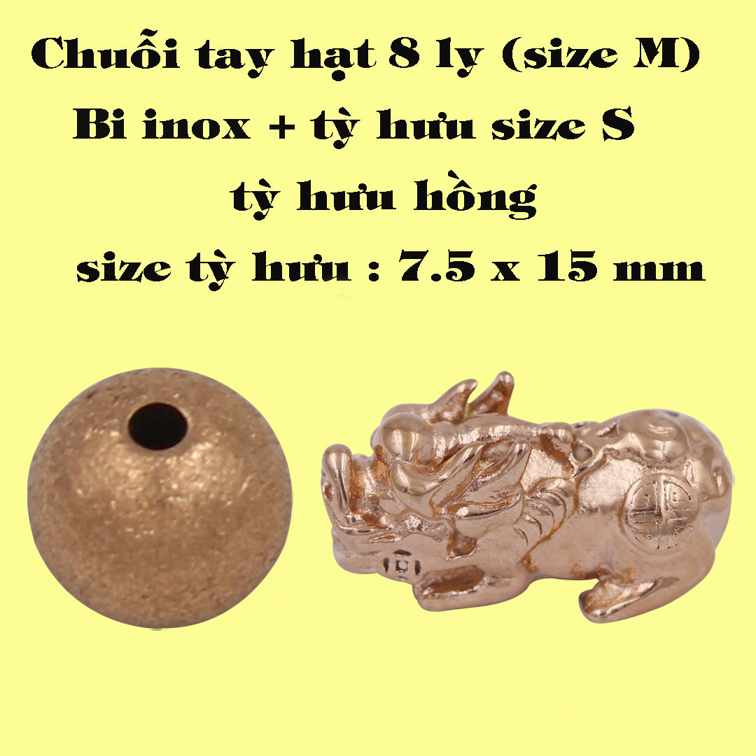 Vòng chuỗi 108 hạt đá thạch anh đen 8 ly size lớn charm tỳ hưu inox vàng hồng, vòng chuỗi niệm Phật, vòng chuỗi đeo tay