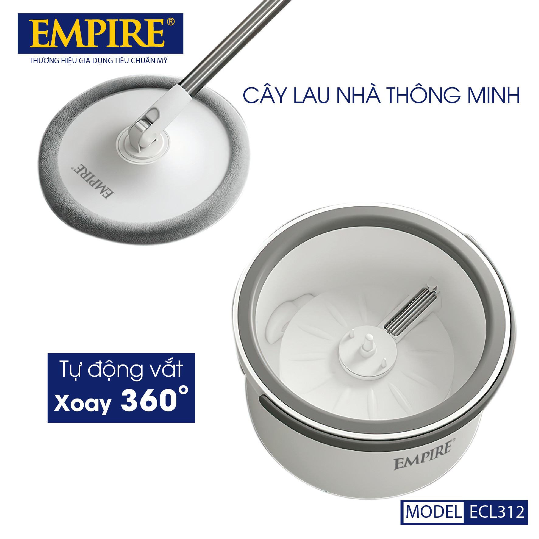 CÂY LAU NHÀ TIẾT KIỆM NƯỚC, TÁCH NƯỚC BẨN THÔNG MINH TỰ ĐỘNG GIẶT, XOAY 360 ĐỘ EMPIRE 312. BỘ SẢN PHẨM ĐI KÈM 2 BÔNG LAU- HÀNG CHÍNH HÃNG.