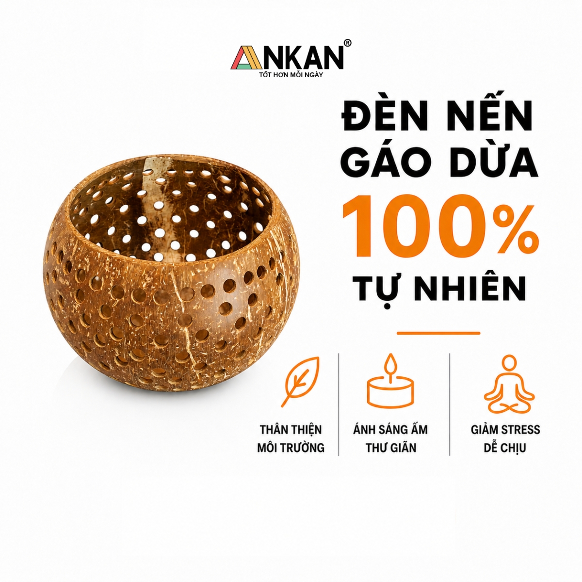 Đèn Nến Gáo Dừa Tealight ANKAN Kiểu Caro Handmade Vintage – Decor Trang Trí, Ánh Sáng Thư Giãn