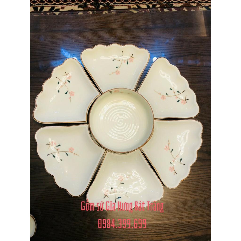 Bộ đồ ăn hoa mặt trời men kem hoa đào đỏ