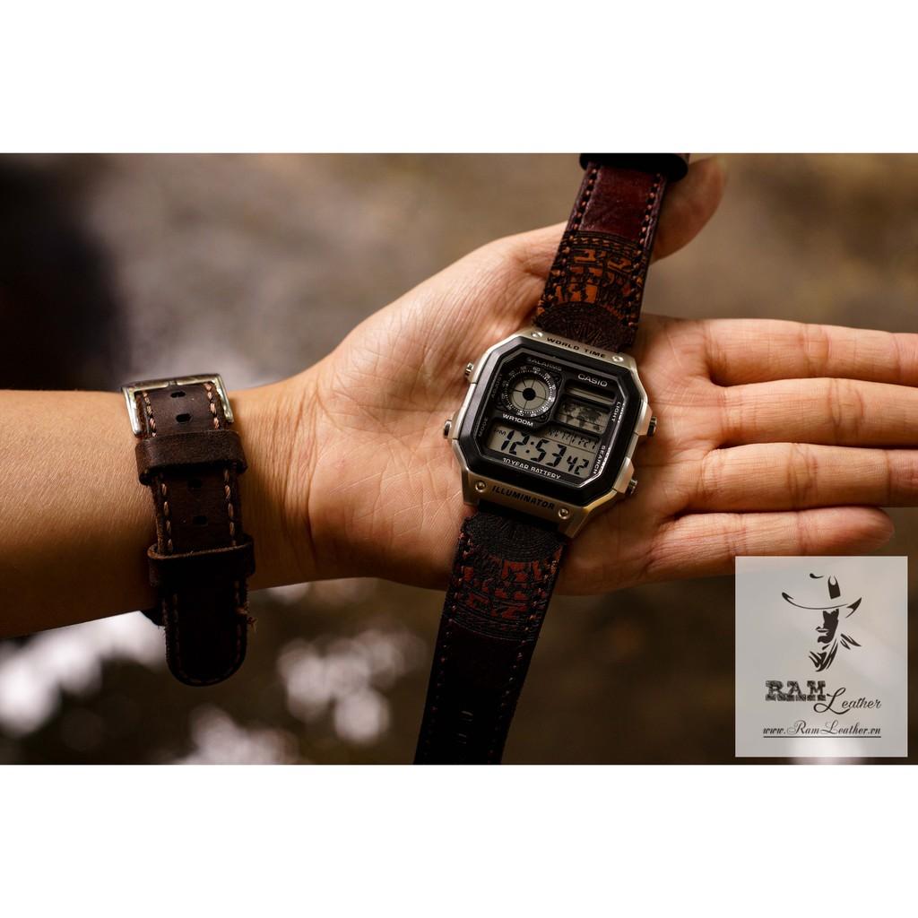 DÂY ĐỒNG HỒ CASIO AE1200/SEIKO5 DA BÒ THẬT TRỐNG ĐỒNG MAHOGANY