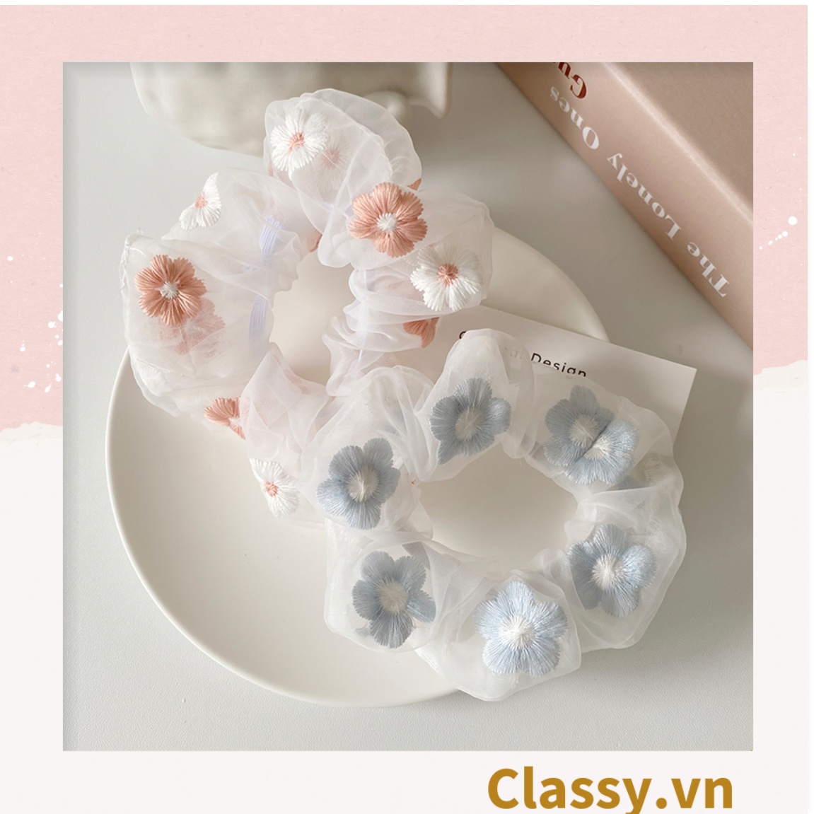 Dây cột tóc Scrunchies vải trong suốt thêu hoa