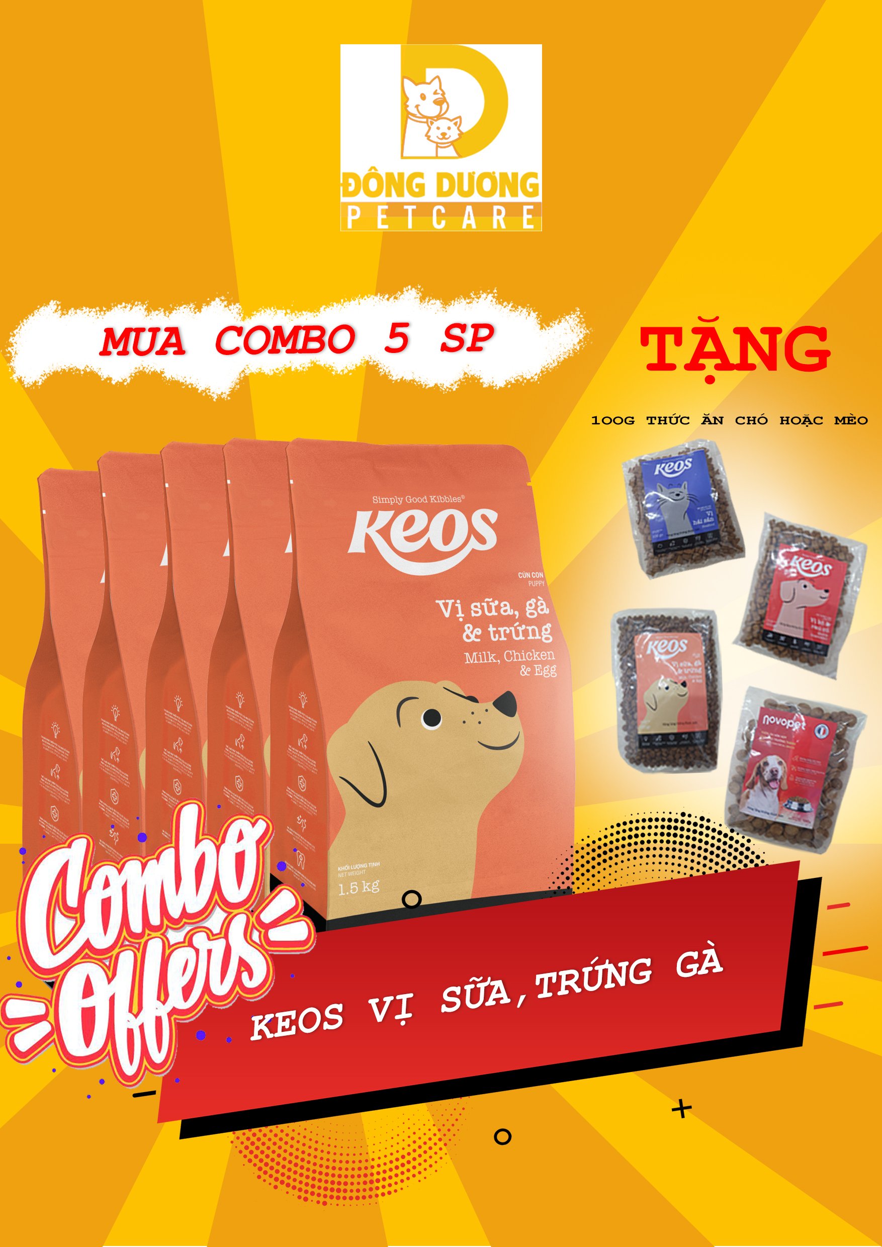 [Siêu Sale] COMBO 5 gói thức ăn hạt KEOS cho chó con vị trứng, gà và sữa gói 400g