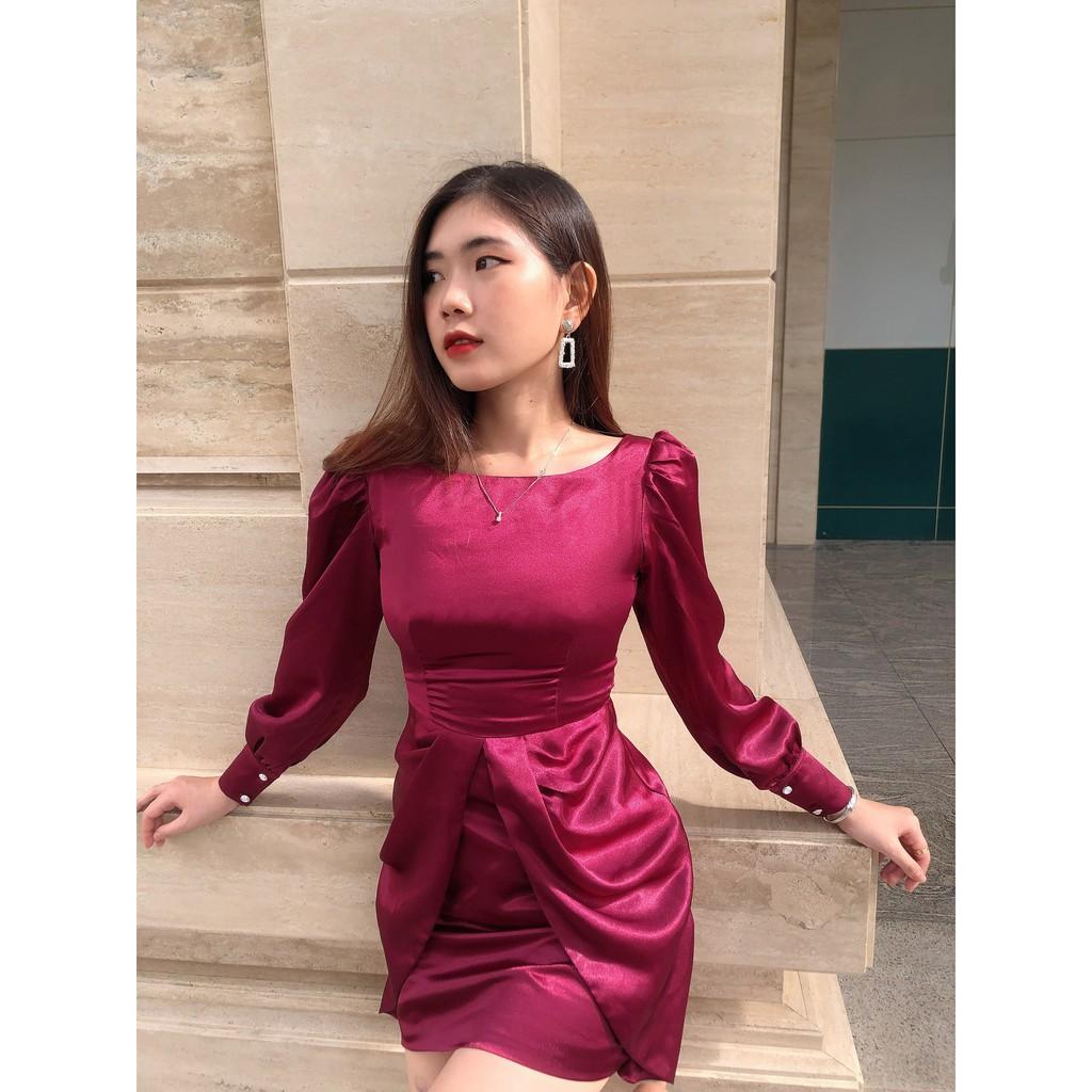 Đầm satin đỏ đô tay bồng