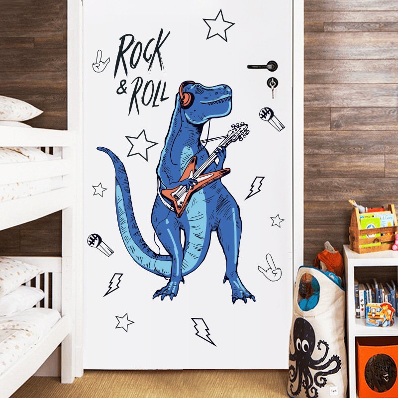 Decal dán tường khủng long xanh Rock and Roll sôi động