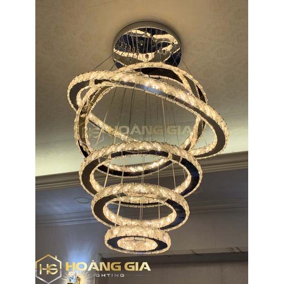 Đèn Thả Trần Đèn Thả Phòng Khách 5 Vòng Pha Lê Trang Trí Hiện Đại Kèm Điều Khiển Từ Xa
