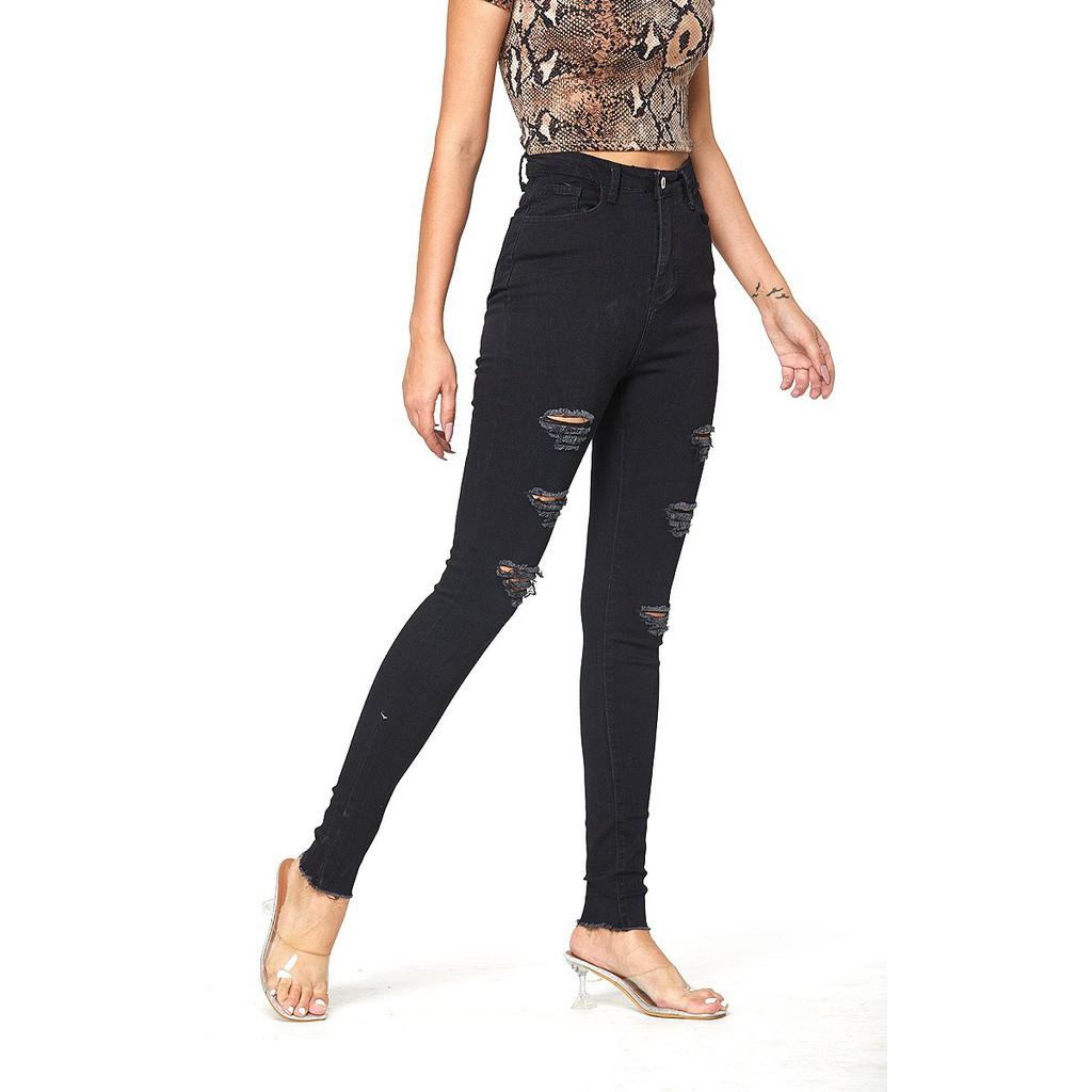 Quần jean nữ BIG SIZE dài 9 tấc rách kiểu màu đen tuyền dành cho người béo 3619