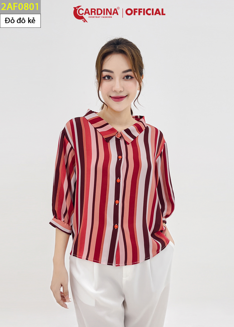 Áo Sơ Mi Nữ CARDINA 4 Màu Kẻ Chất Lụa Mango Cao Cấp Cổ Đức Cách Điệu Tay Lỡ Bo Trẻ Trung 2AF08