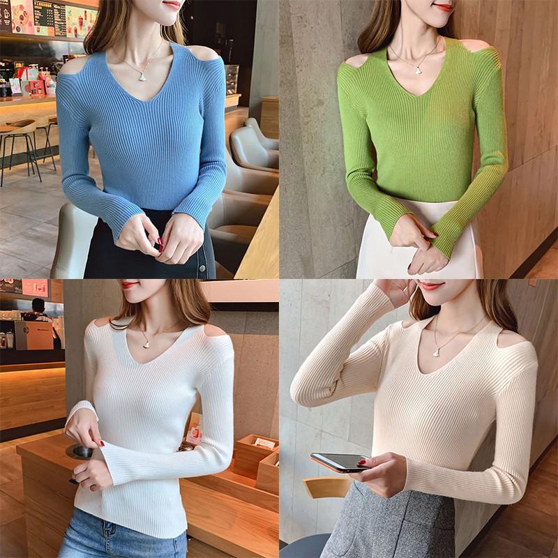 Áo len nữ tay dài hở vai cổ chữ V màu trơn