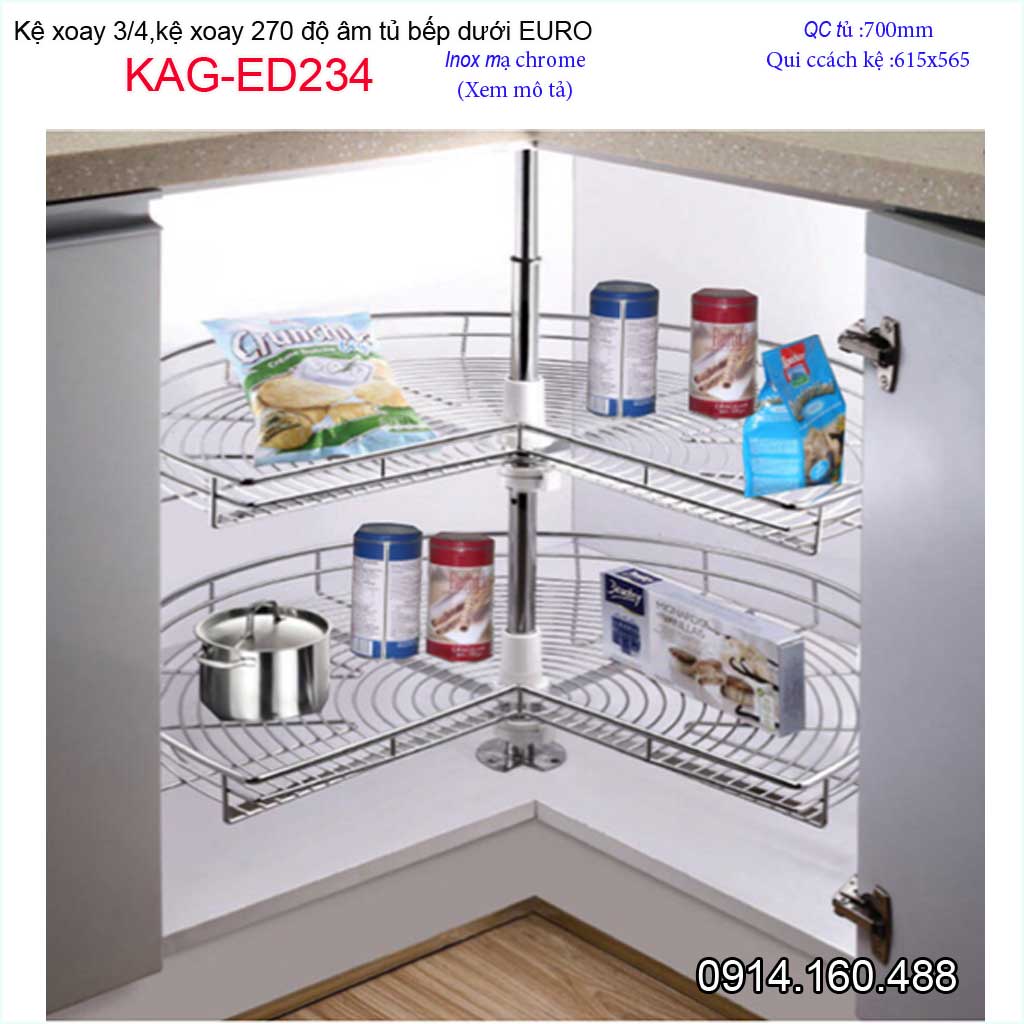 Kệ xoay tròn góc KAG-ED234, mâm xoay inox nam tròn 3.4, kệ góc xoay inox tủ bếp dưới tròn khoét góc