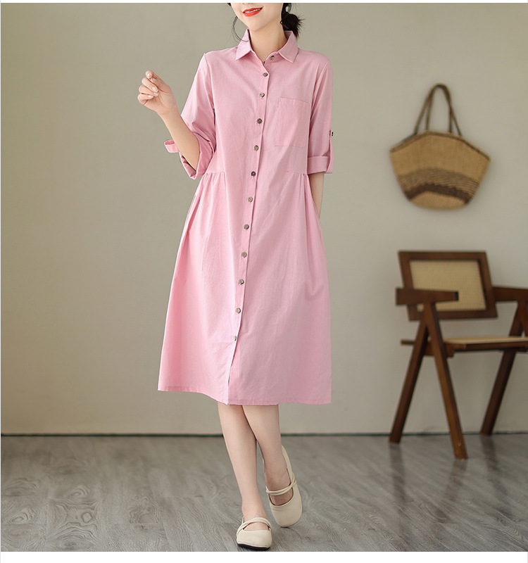 Đầm sơ mi suông dáng xòe thiết kế tay sắn phối 2 túi sườn trẻ trung vải Linen mềm mại