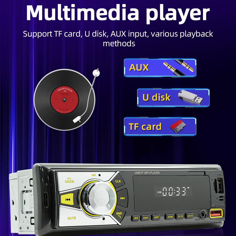 Car MP3 Player BT Stereo Receiver FM Radio Hands-Free Calling U-Disk/TF Card/Aux-in Player Support APP to Find Car/Voice Assistant/Audio Recording with Remote Controller Colorful Light