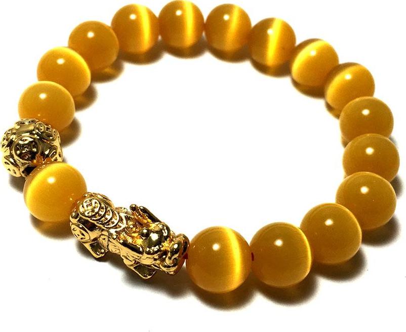 Vòng tay phong thủy đá mắt mèo màu vàng kèm cham tì hiu bạc mạ vàng 24k cao cấp cho người mệnh kim - mệnh thổ - VPT32A- Bạc QTJ