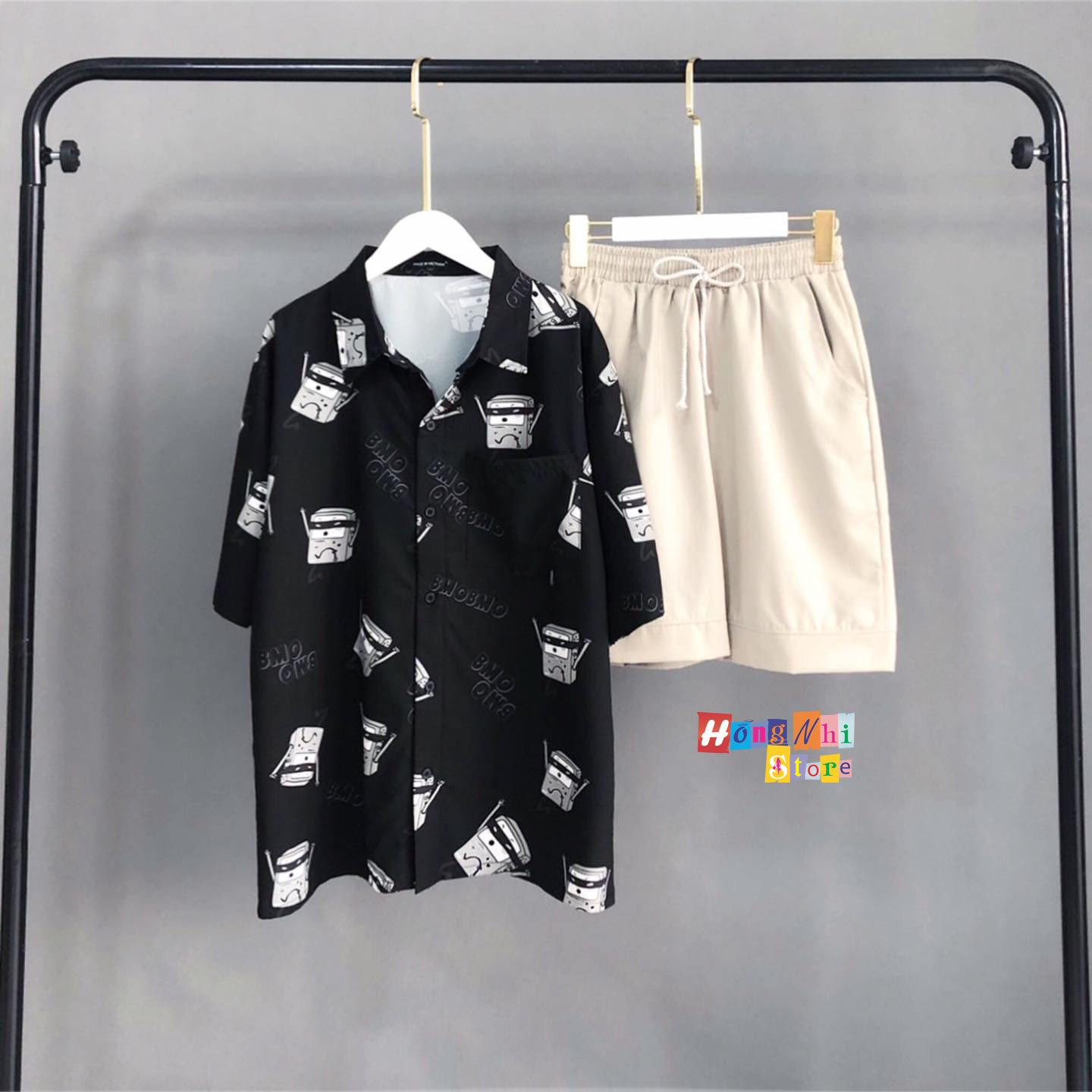 Áo Sơ Mi Hoạ Tiết Tay Lỡ Dáng Rộng,Sơ Mi Tay Lửng Unisex - MM