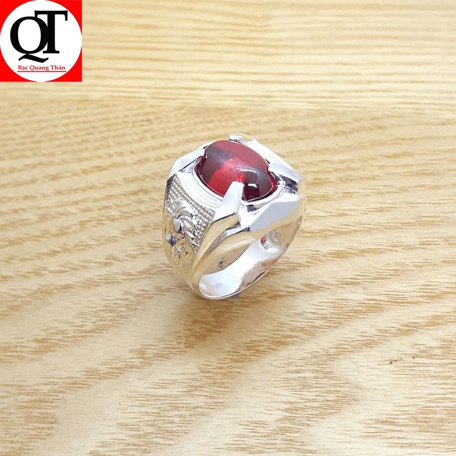Nhẫn nam bạc ta đúc nguyên chiếc mặt đá hình ovan màu đỏ , đen trang sức Bạc Quang Thản – QTNU5