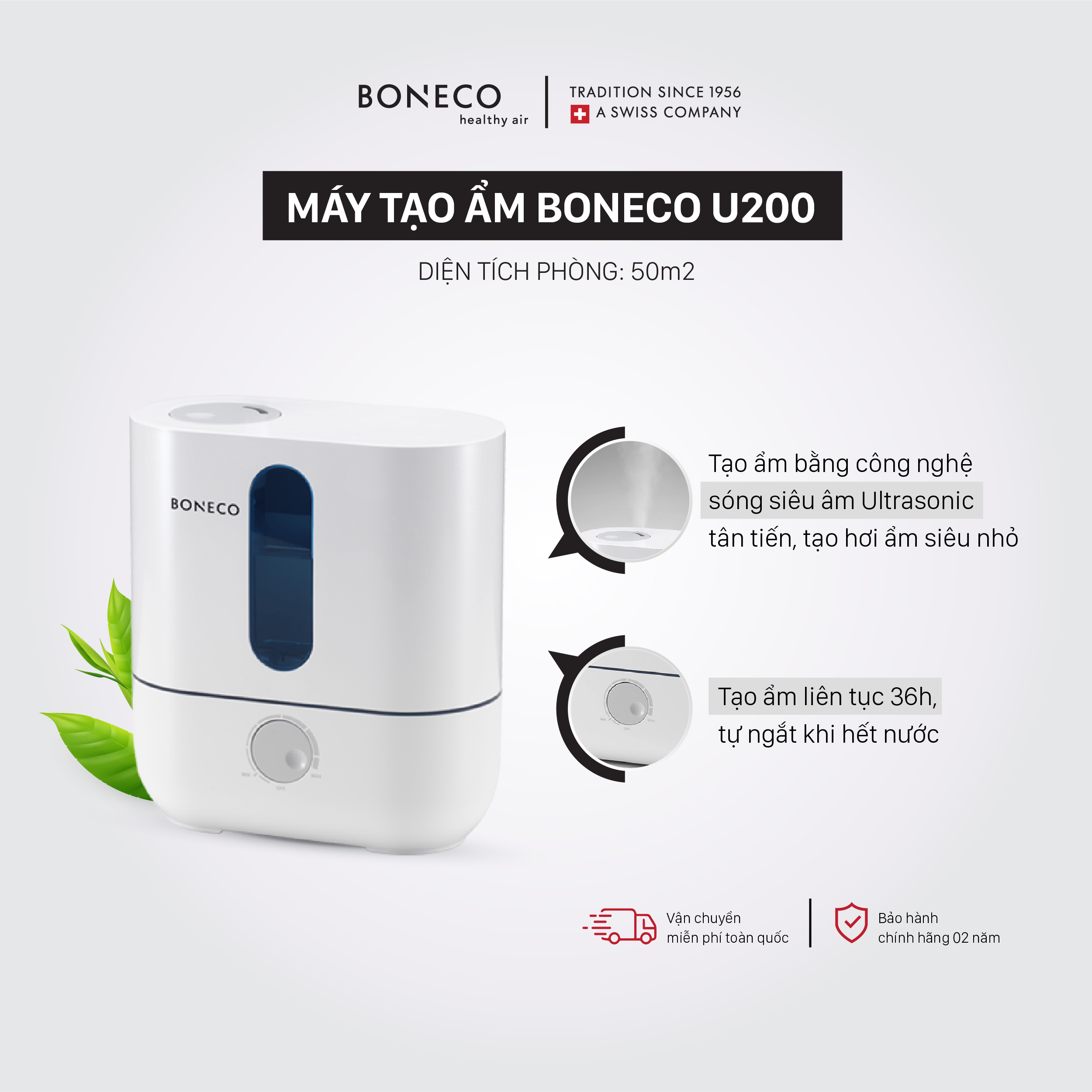 Máy Phun Sương Tạo Ẩm Cao Cấp BONECO U200 Khuếch Tán/Xông Tinh Dầu, Bộ Lọc Kháng Khuẩn Chống Viêm Mũi Cho Trẻ Em, Giữ Ẩm Da (<30m2) - Hàng Nhập Khẩu