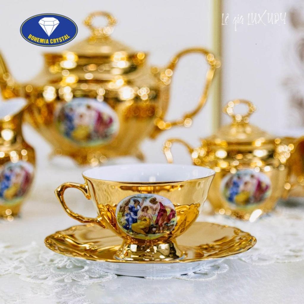 Bộ ấm chén trà mạ vàng TÂN CỔ ĐIỂN cao cấp Sang trọng, Gốm Sứ Tiệp Khắc, Ấm chén cao cấp mạ vàng 24K ACT3, Bộ ấm chén châu Âu