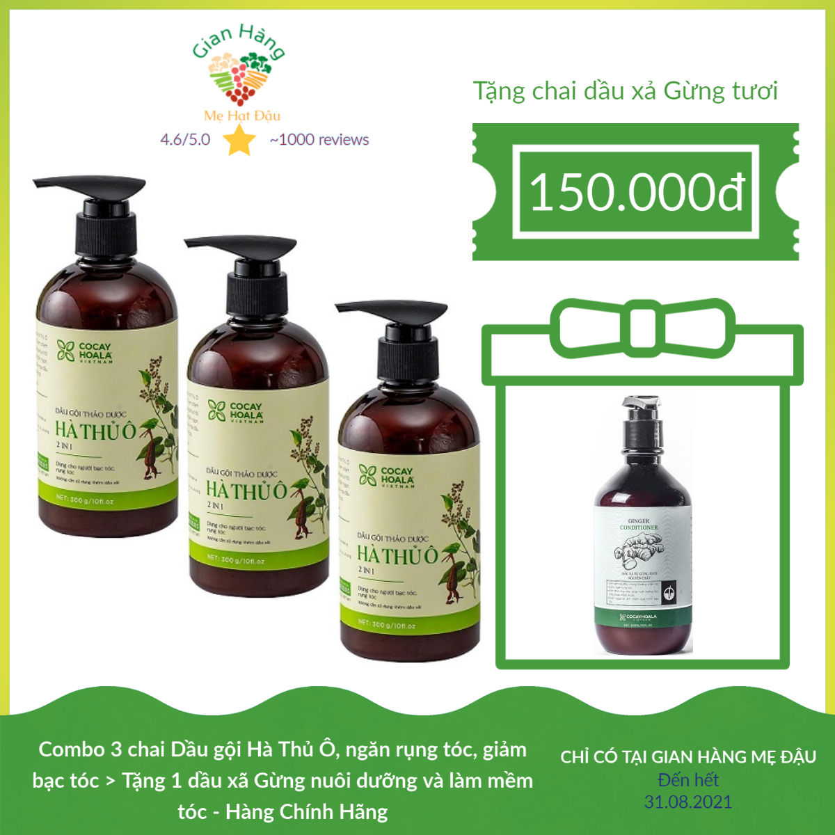 Combo 3 chai Dầu gội Hà Thủ Ô - COCAYHOALA ngăn rụng tóc, giảm bạc tóc Tặng 1 Dầu xả Gừng nuôi dưỡng và làm mềm tóc