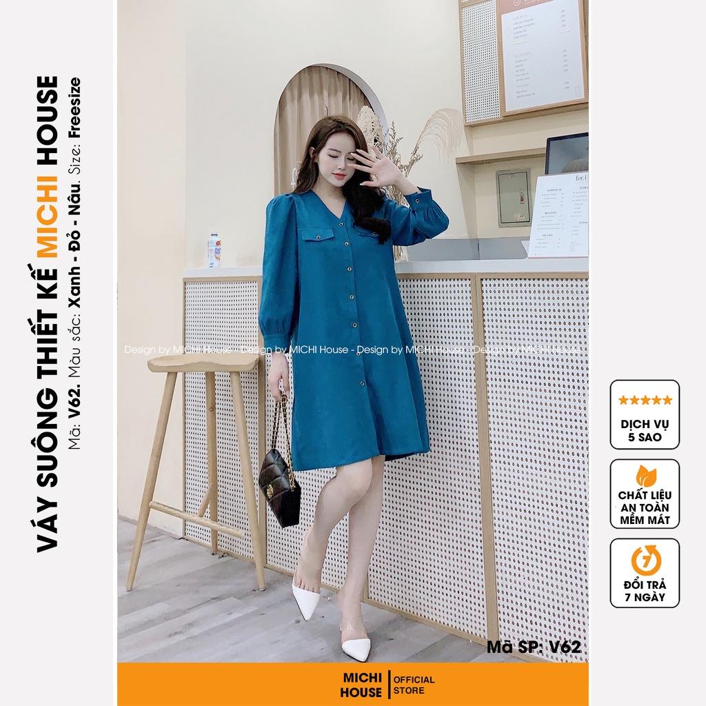 Đầm Suông Nhung Dài Tay MICHI House V62 Váy Xuông Thiết Kế Cổ V Cài Cúc Dễ Mặc
